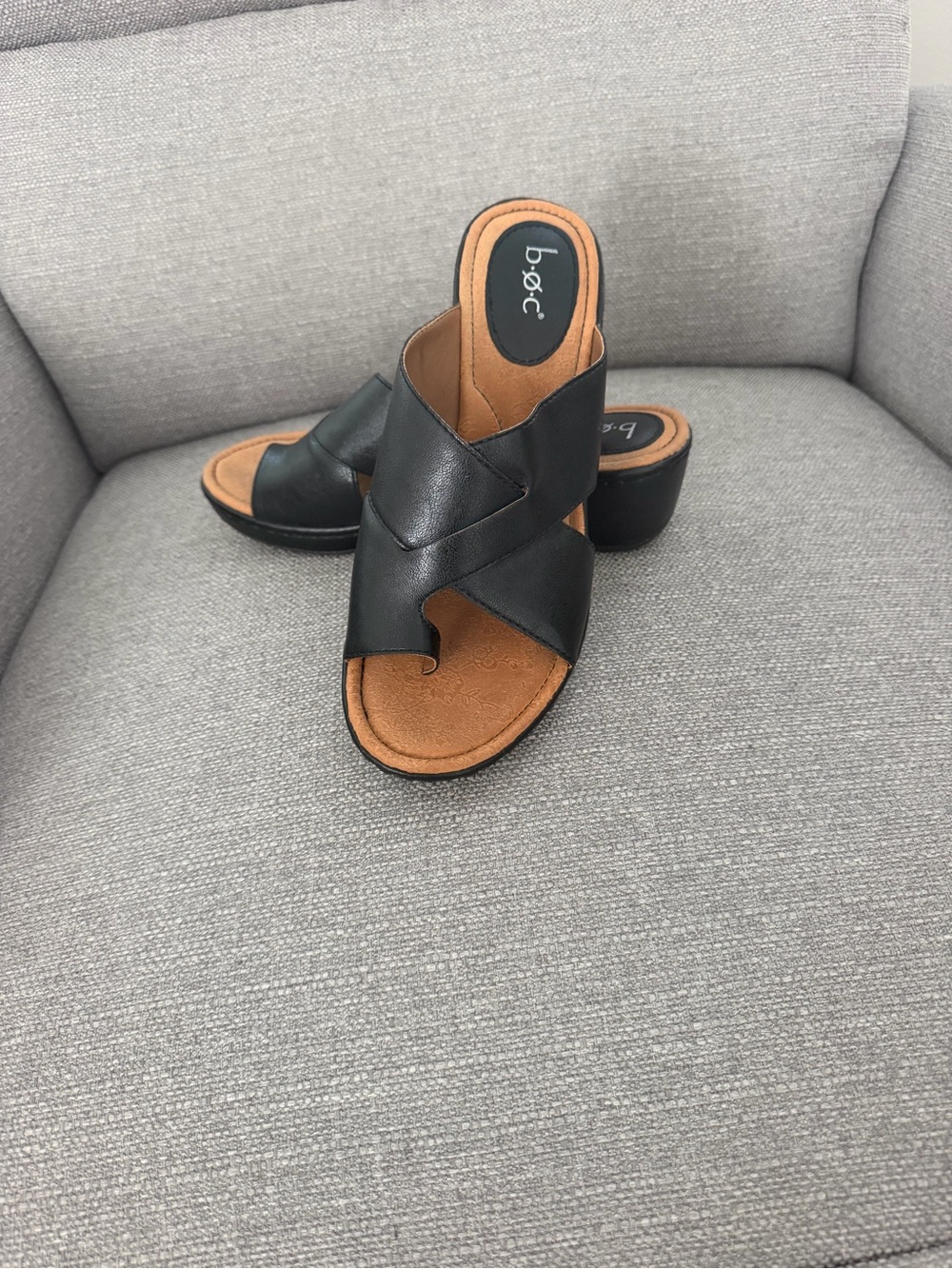 b.o.c. Black Leather Cross-Strap Slide Mule with Tan Footbed